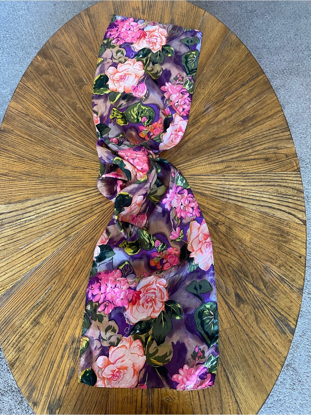 Vintage Casual Corner Purple 100% Silk Satin Scarf with Pink Floral Print